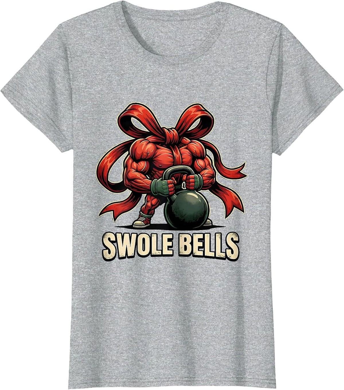 Women's Swole Bells Distressed Funny Christmas Gym Weightlifting T-Shirt - Heather Grey
