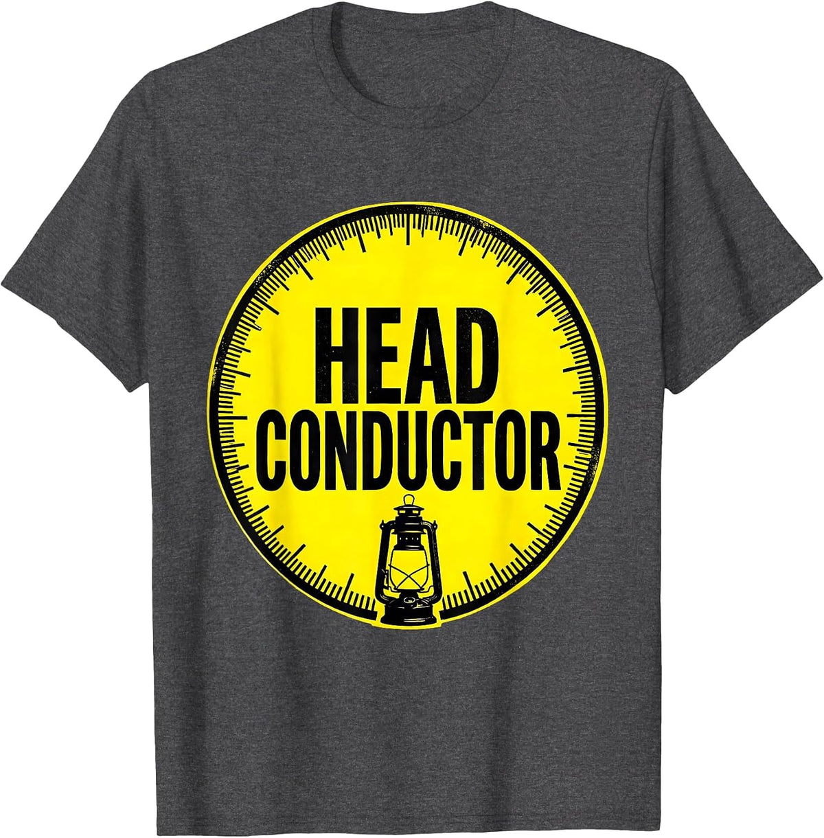 Men's Head Conductor Stencil Train Enthusiast Deadpan Humor T-Shirt - Dark Heather Grey