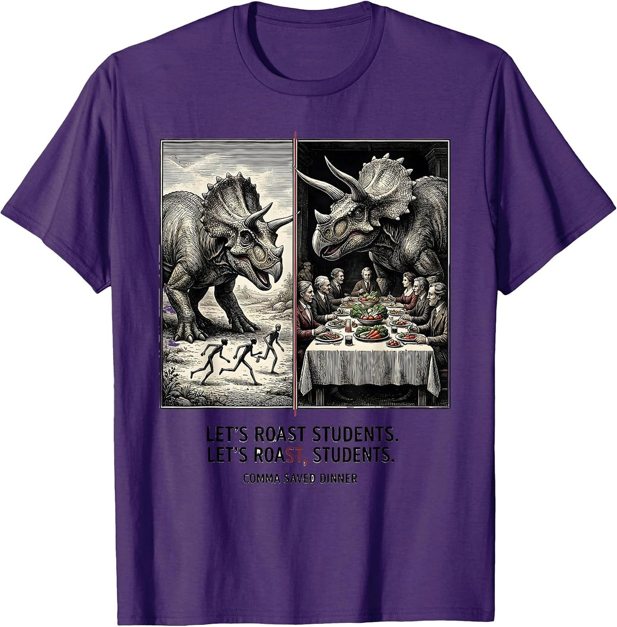 Let's Roast Students Comma Saved Dinner Grammar Teacher T-Shirt - Purple