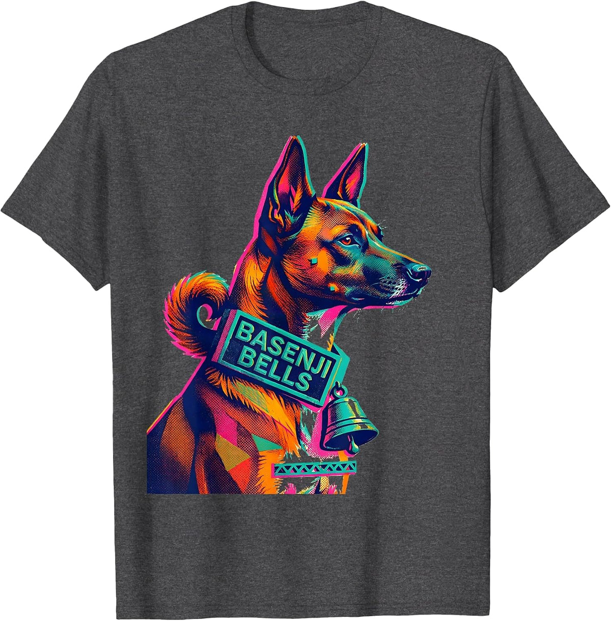 Basenji Bells Risograph Funny Christmas Dog Breed Lover Gift T-Shirt - Dark Heather Grey