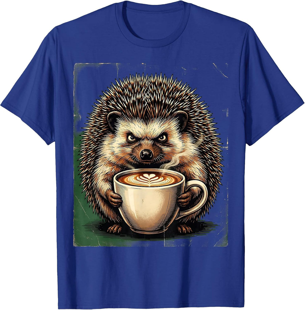 Grumpy Hedgehog Latte Lover Illustration T-Shirt - Royal Blue
