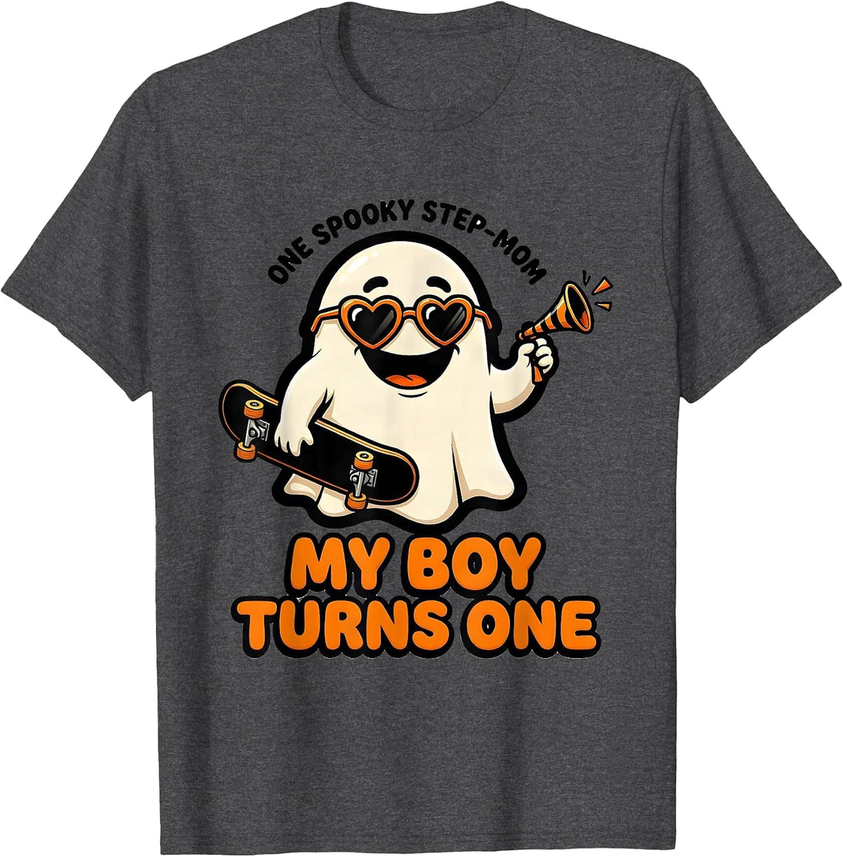 One Spooky Step-Mom My Boy Turns One Cartoon Ghost Halloween T-Shirt - Dark Heather Grey