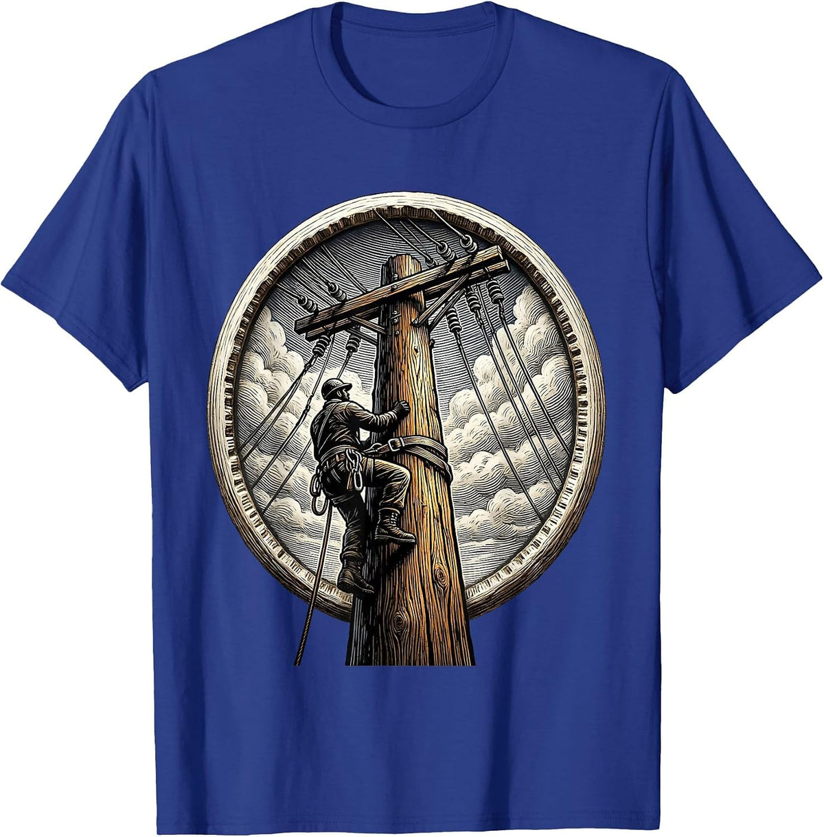 Lineman Climbing Utility Pole Graphic Tee T-Shirt - Royal Blue