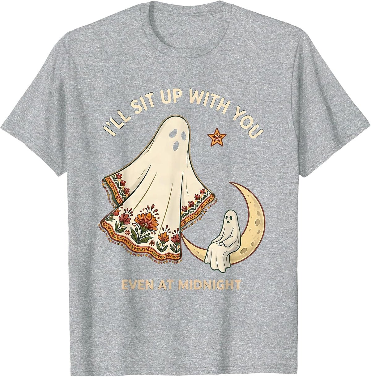 Men's I'll Sit Up With You, Even At Midnight Folk Art Ghost T-Shirt - Heather Grey