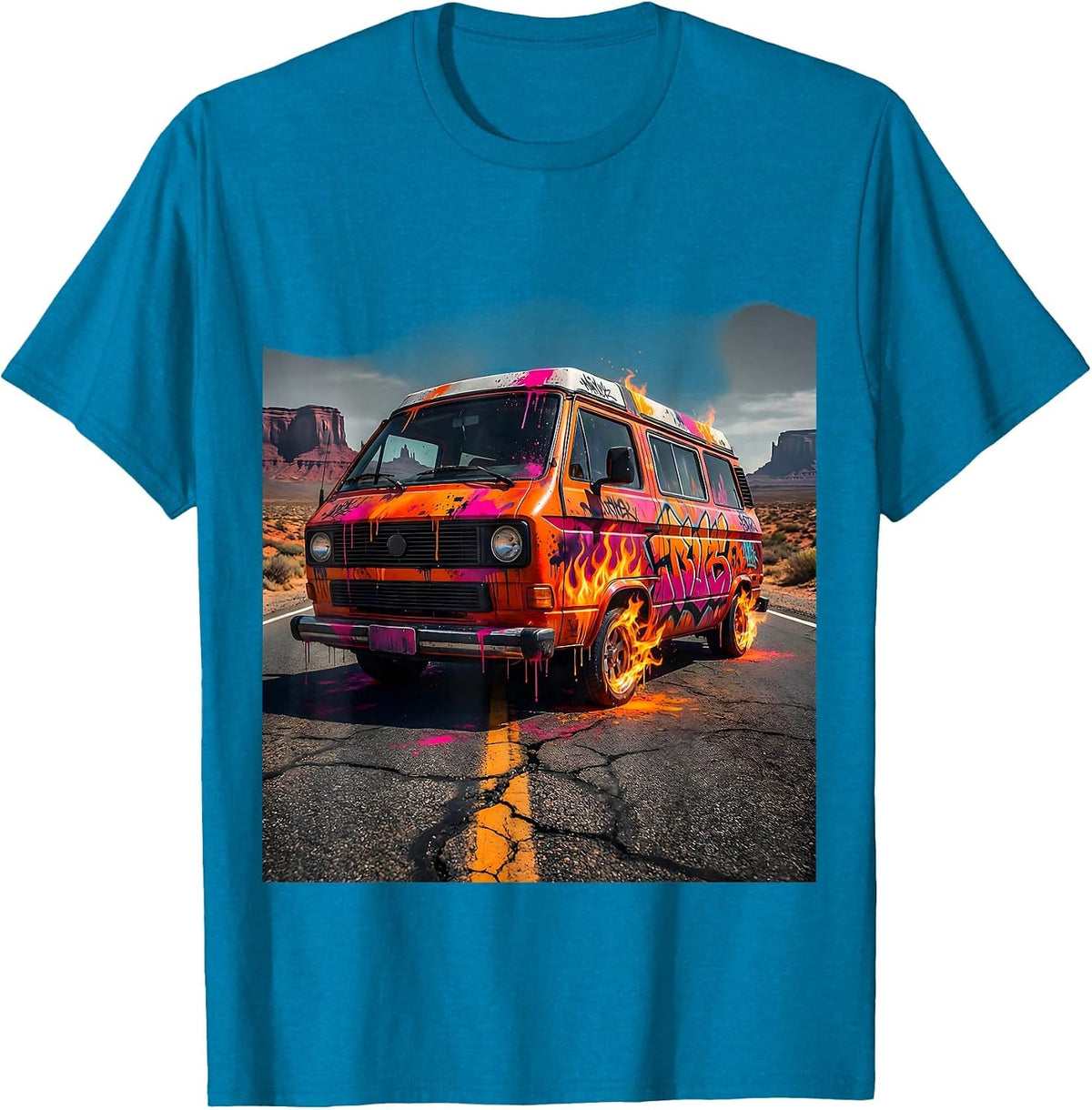 Vintage Touring Van Open Highway Graphic T-Shirt - Sapphire Blue