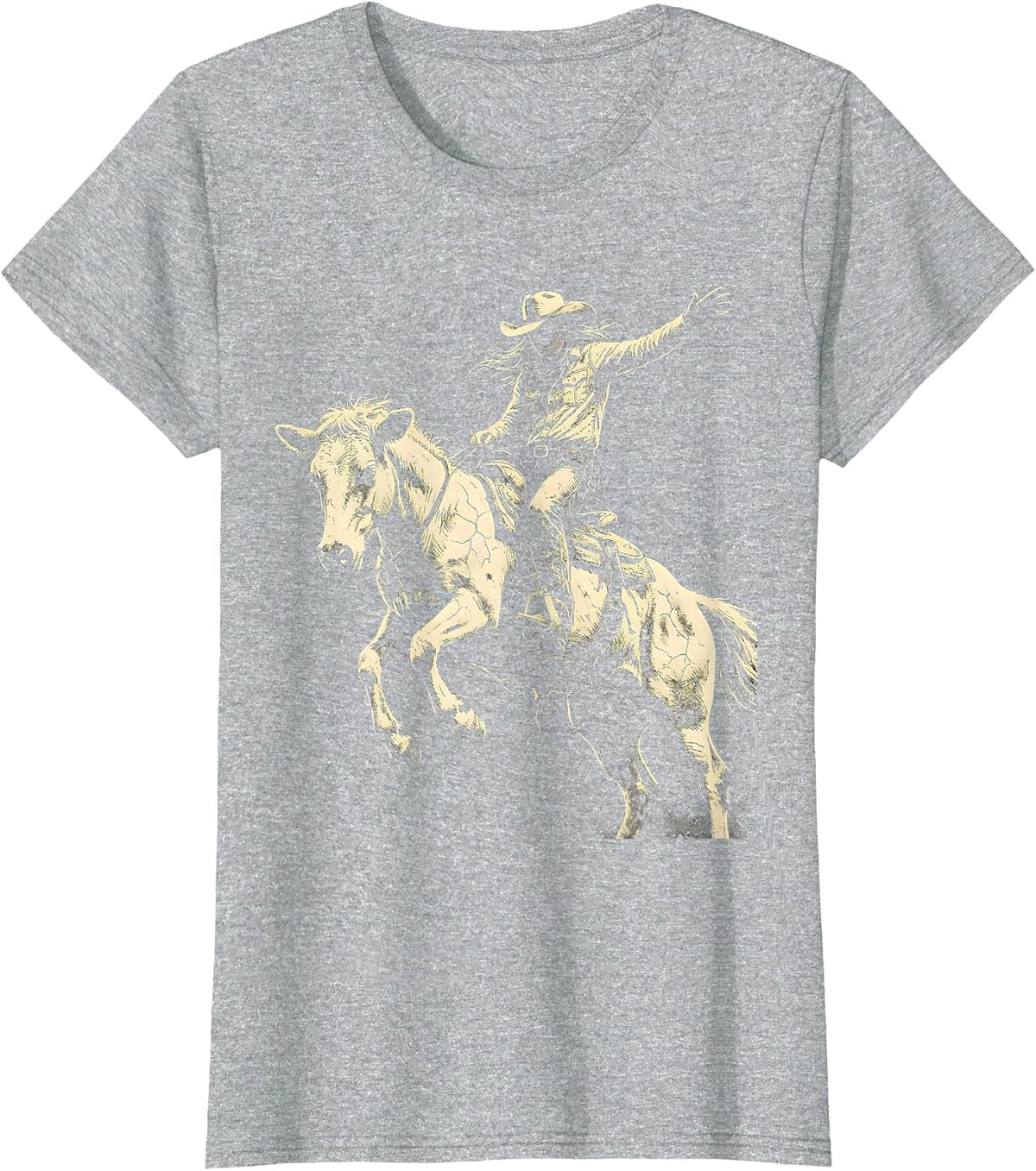 Cowgirl Bucking Bronco Rodeo Riding Graphic T-Shirt - Heather Grey