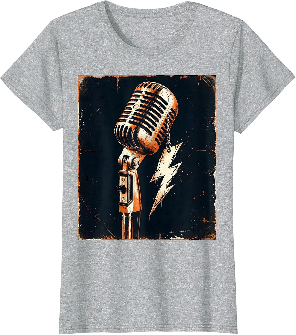Lightning Bolt Earring Microphone Stand Band Tee T-Shirt - Heather Grey