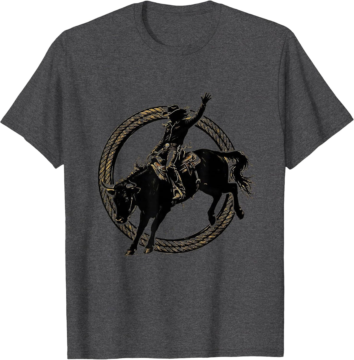 Men's Cowgirl Bucking Bronco Rodeo Graphic Tee T-Shirt - Dark Heather Grey