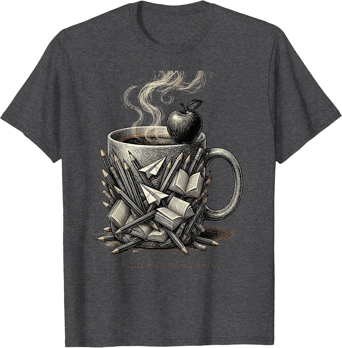Fueled by Coffee and Chaos 5th Grade Teacher T-Shirt - Dark Heather Grey