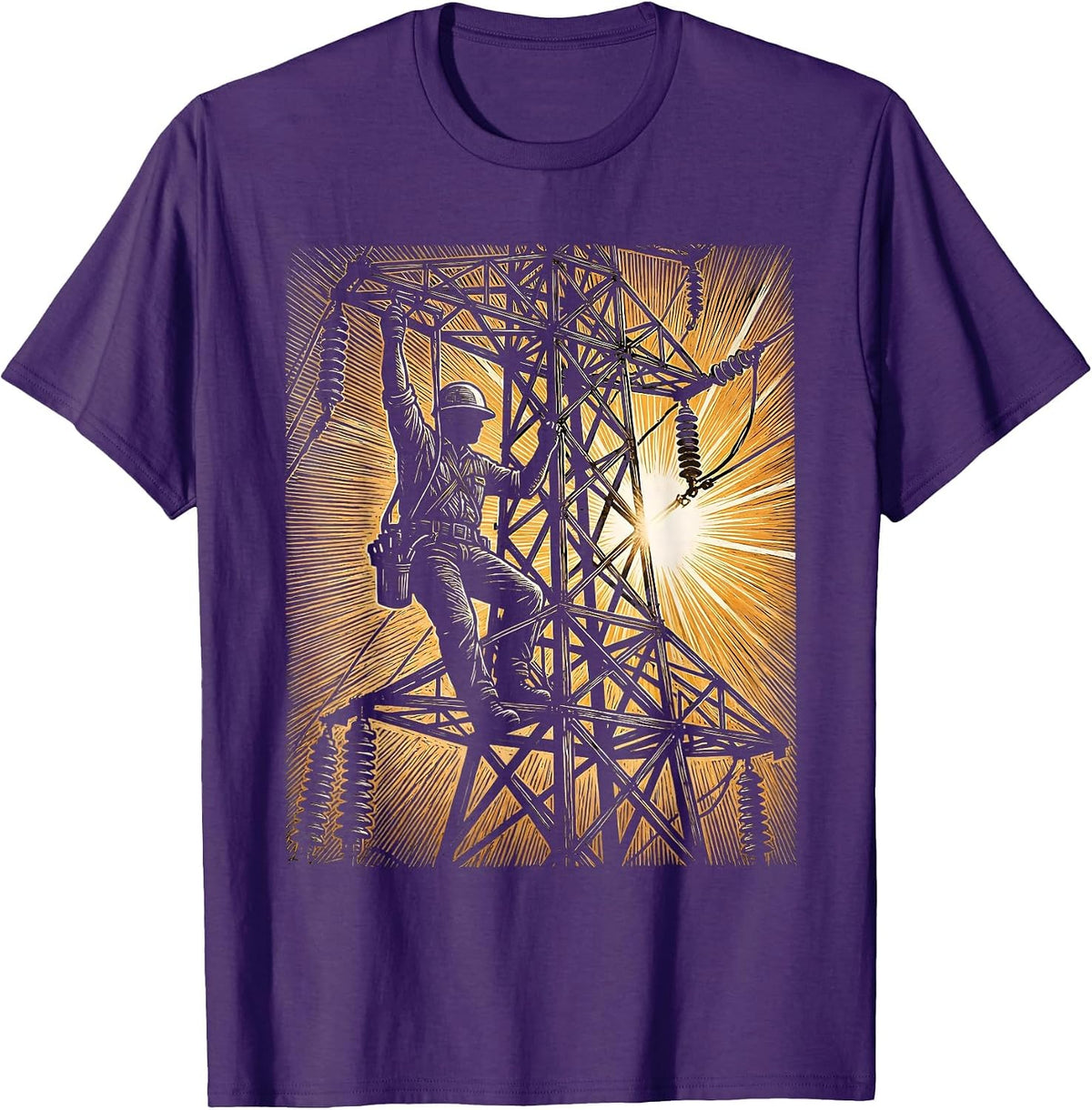 Lineman Electrical Tower Sunrise Labor Day Graphic T-Shirt - Purple