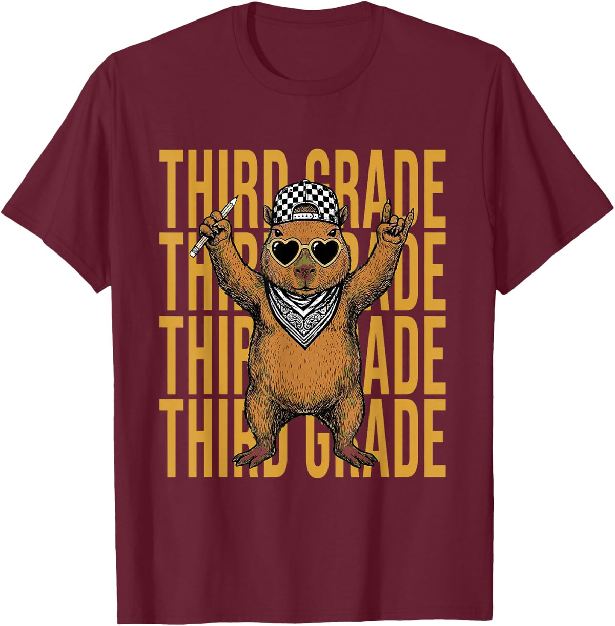 Third Grade Capybara Teacher Back to School Rock Gesture T-Shirt - Burgundy