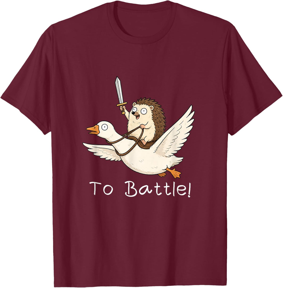 Funny Hedgehog with Sword on Goose to Battle! Cartoo T-Shirt - Burgundy