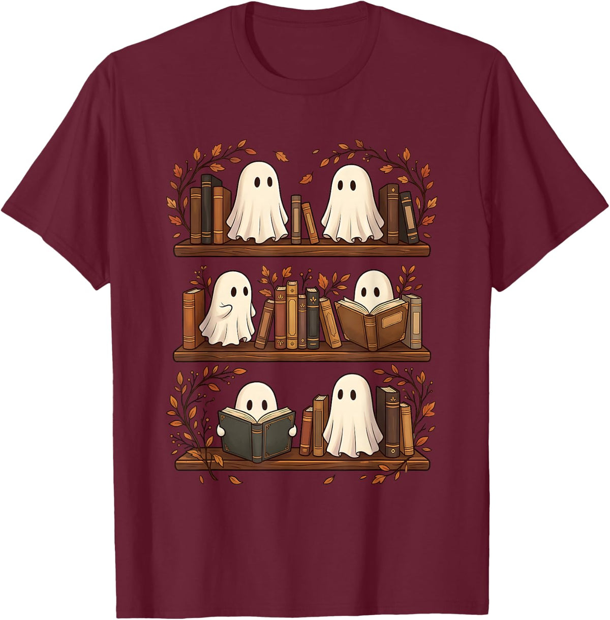 Halloween Ghost Reading Books Funny Spooky Bookish Lover T-Shirt - Burgundy