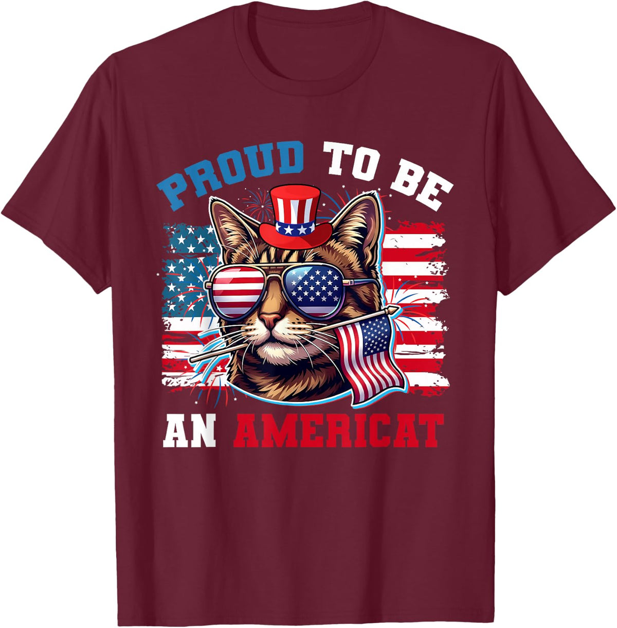 Funny Proud Americat Patriotic American USA Cat 4th of July T-Shirt - Burgundy