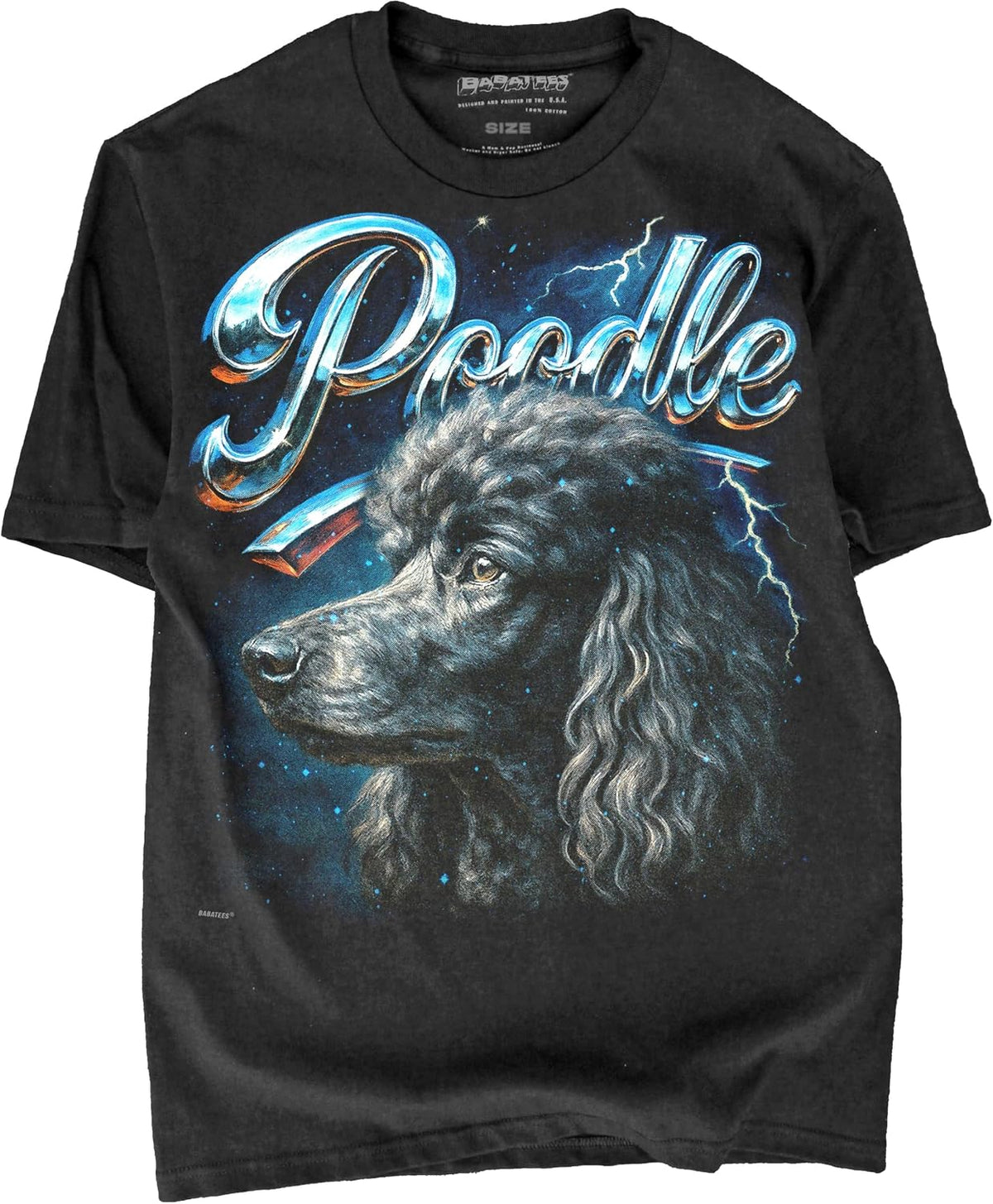 Heavy Metal Tshirt for Men & Women 80s 90s Glam Rock Style with Epic Stars and Lightning - Black Poodle