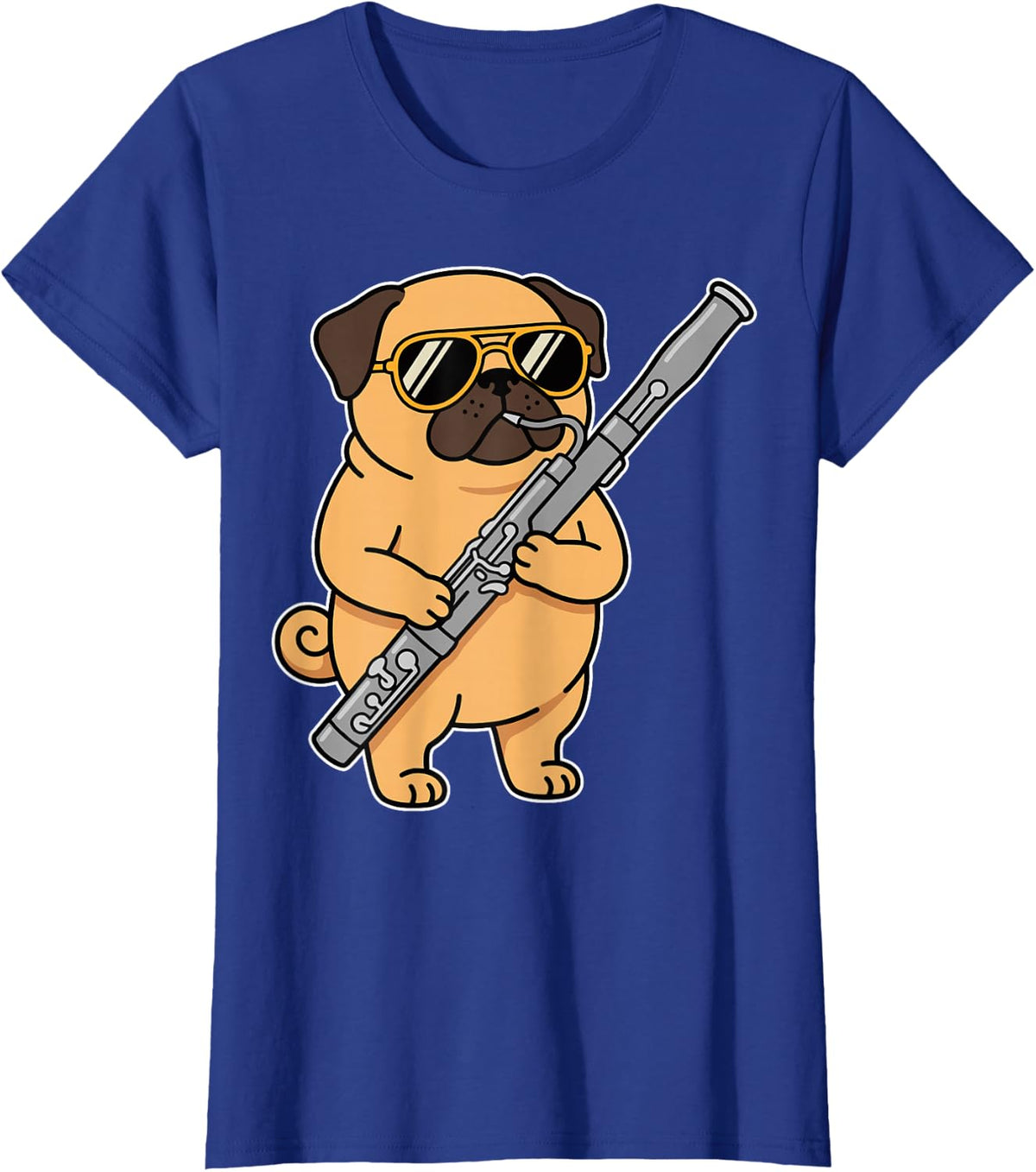 Cool Pug Playing Bassoon Funny Dog Double Reed Musician T-Shirt - Royal Blue