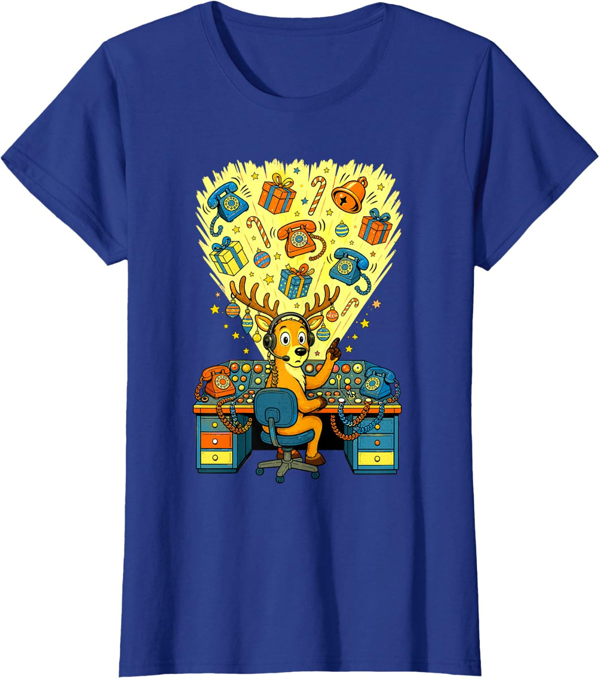 911 Dispatcher Christmas Reindeer Headset T-Shirt - Royal Blue