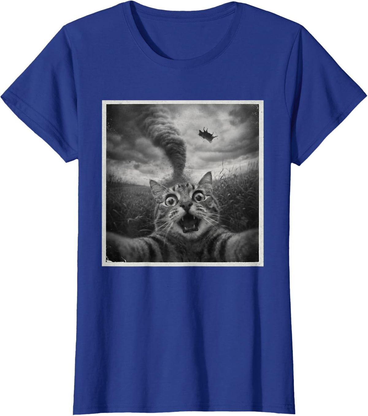 Cat Selfie with Disaster Tornado Sarcasm Funny Humor Meme T-Shirt - Royal Blue