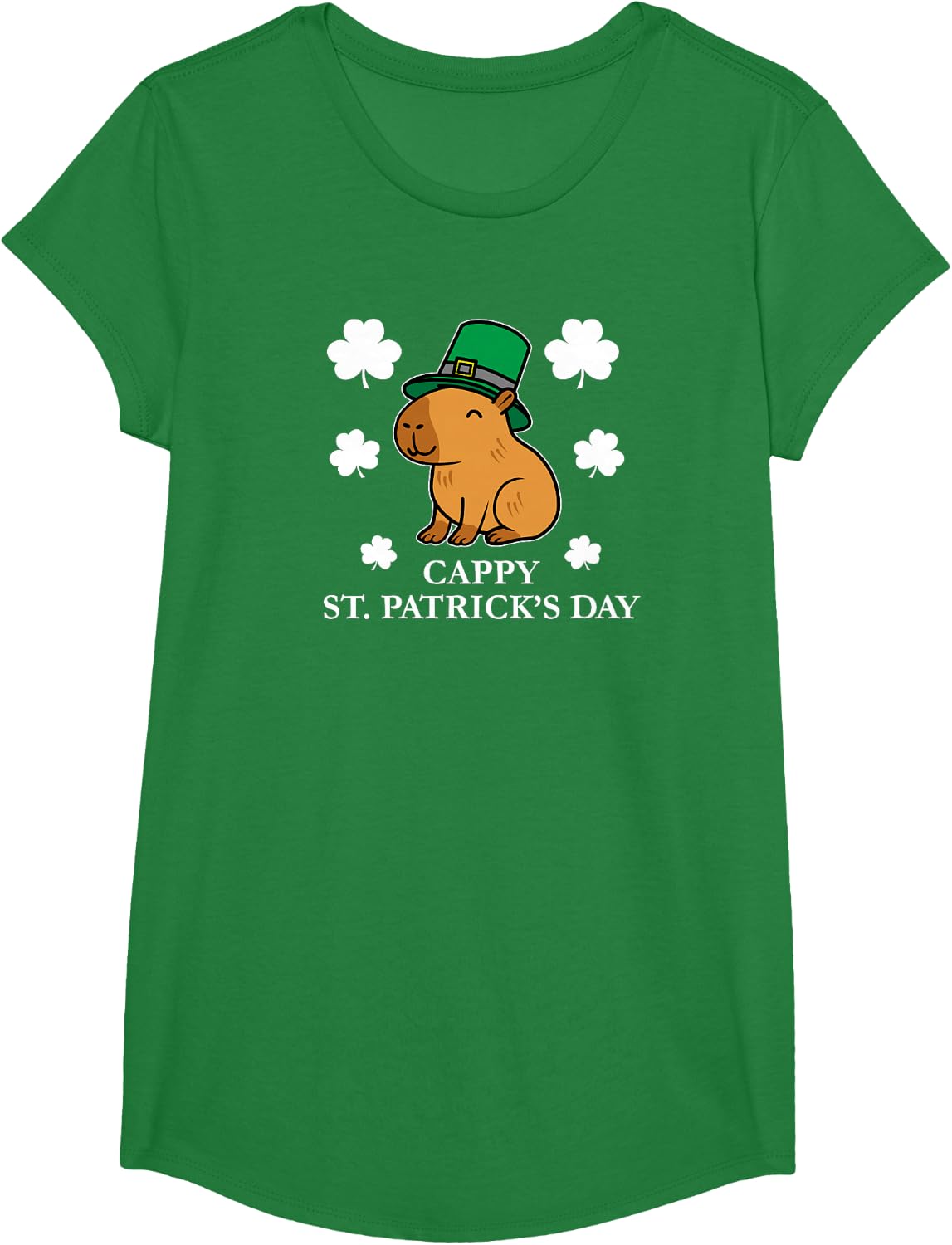 Cappy St Patrick's Day Shamrock Cute Capybara Pun Tee T-Shirt - Girls Kelly Green