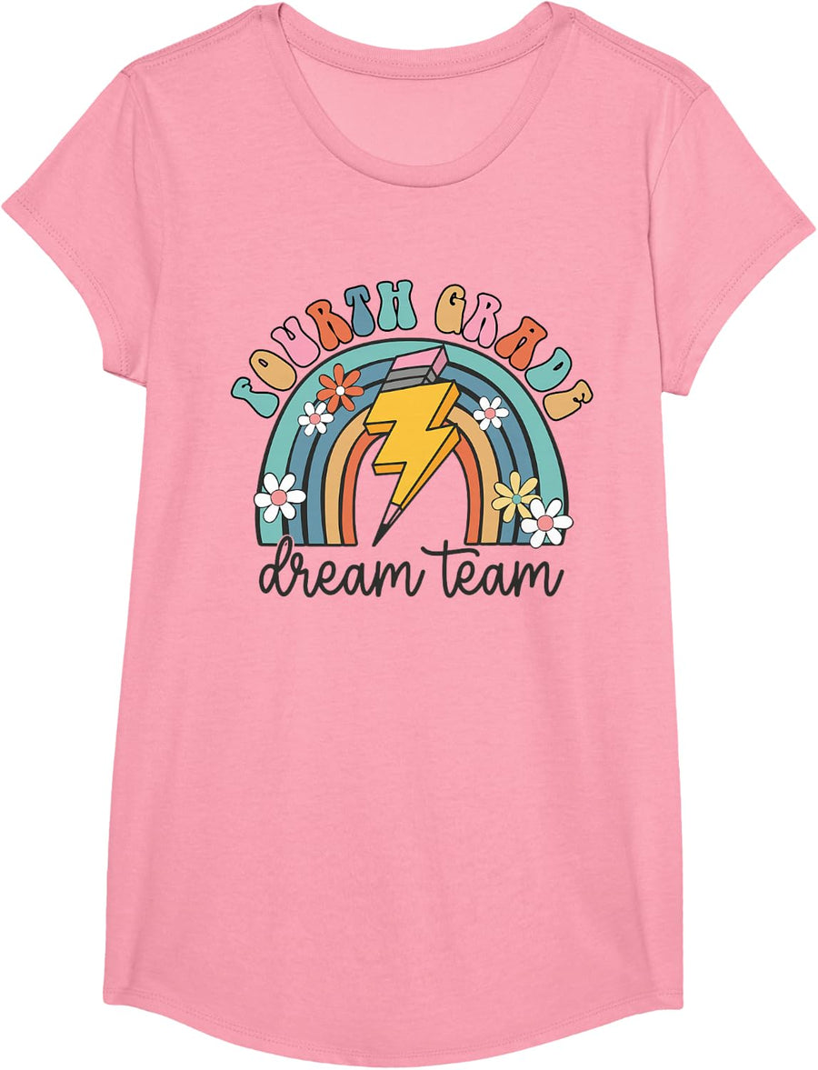 Fourth Grade Dream Team 1st Day of 4th Grade Back to School T-Shirt - Girls Pink