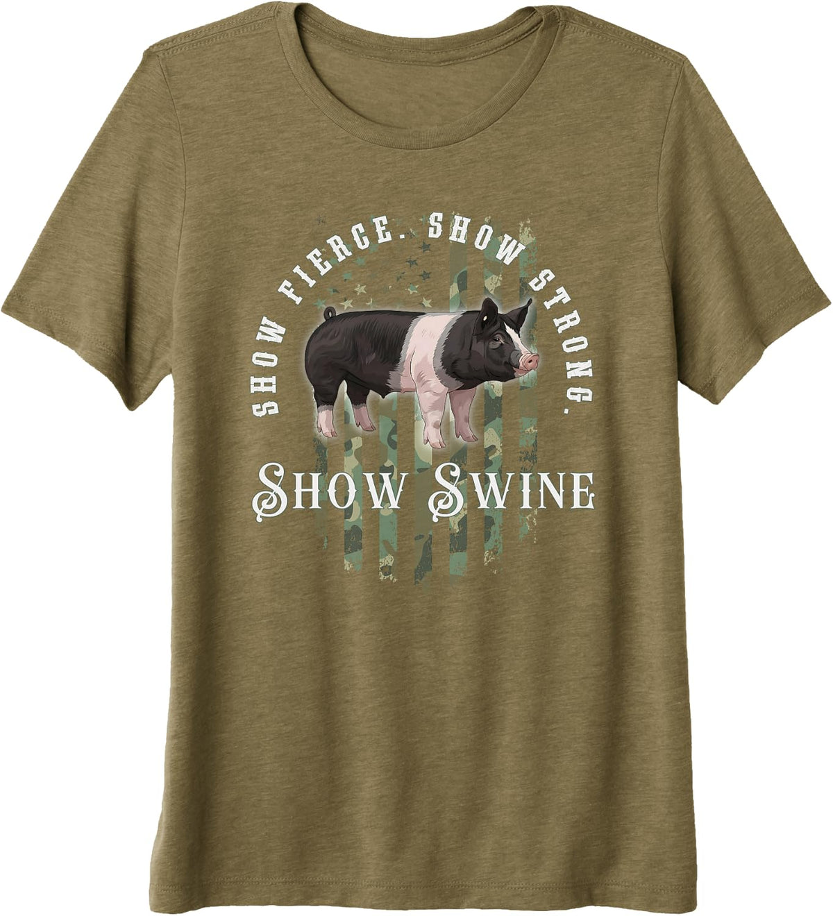 Flag Hampshire Pig: Show Fierce, Show Strong, Show Swine Premium Tri-Blend T-Shirt - Olive Green