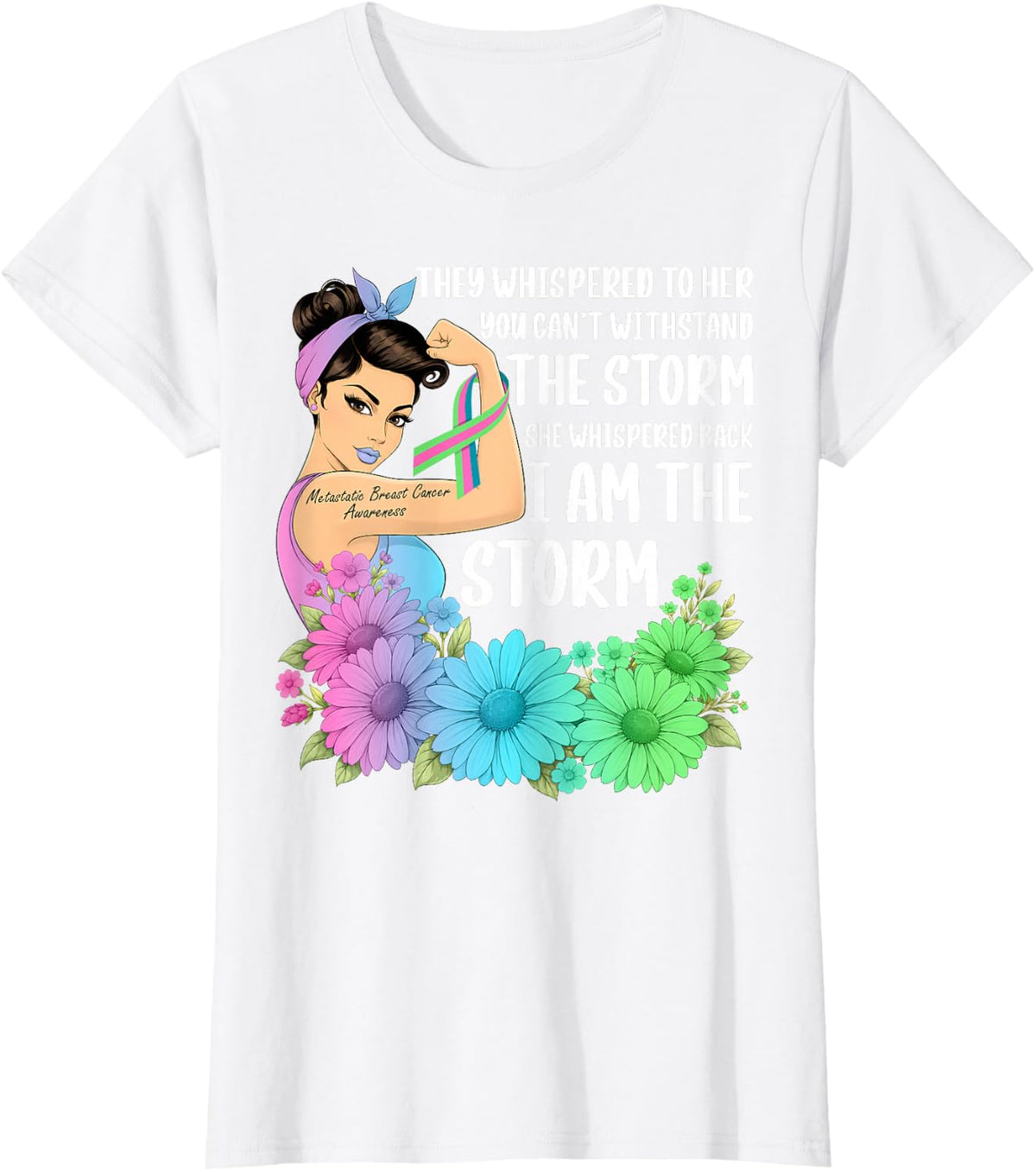 Metastatic Breast Cancer Warriors Pink Teal & Green Ribbon T-Shirt - White