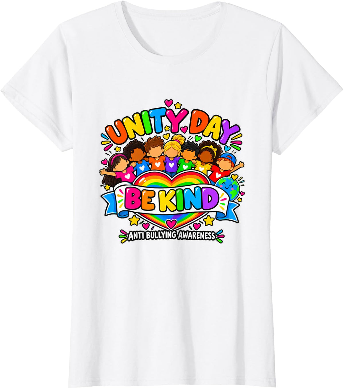 Unity Day Be Kind Anti Bullying Awareness Rainbow Heart T-Shirt - White