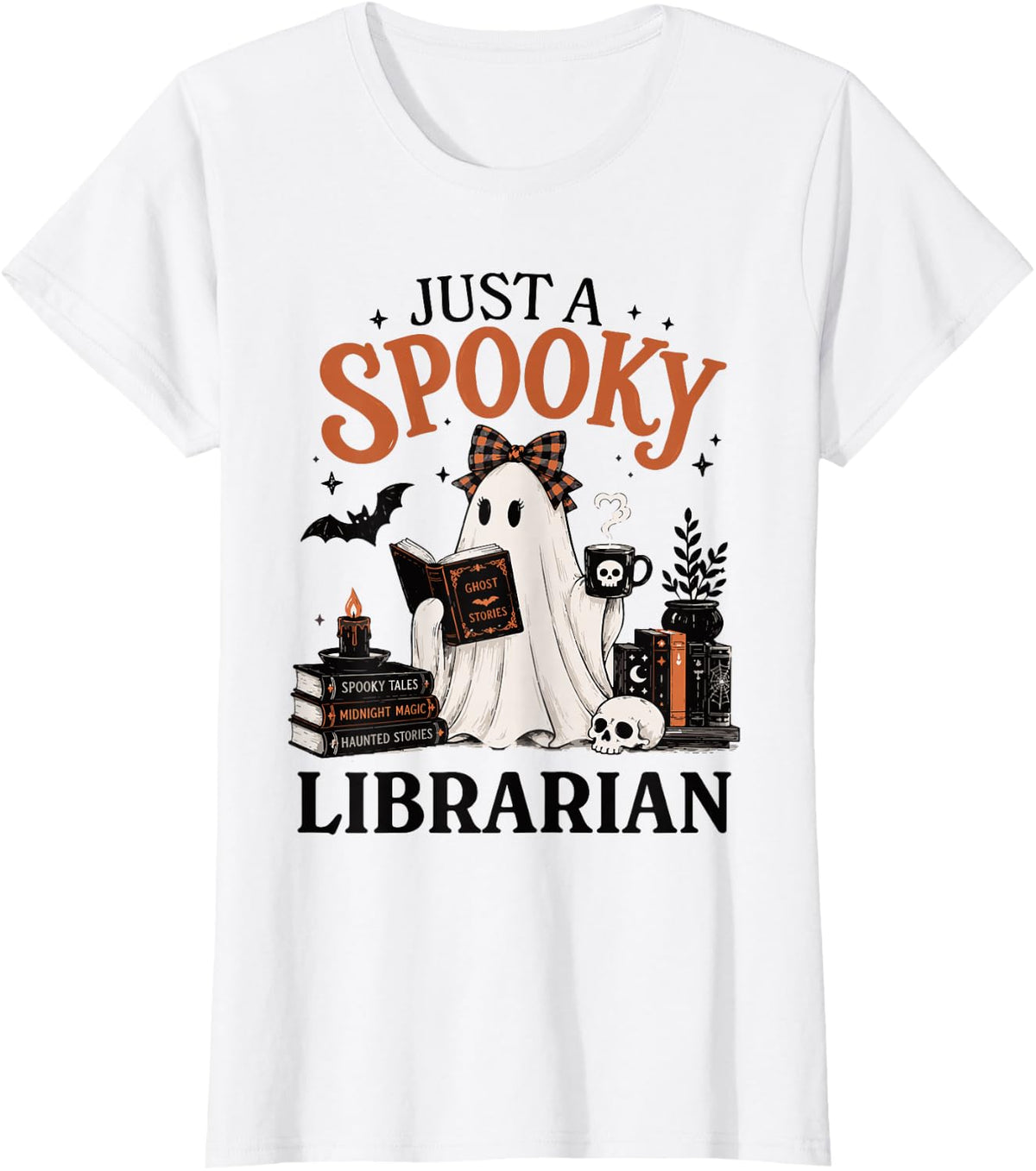 Just a Spooky Librarian Funny Ghost Reading Books Halloween T-Shirt - White