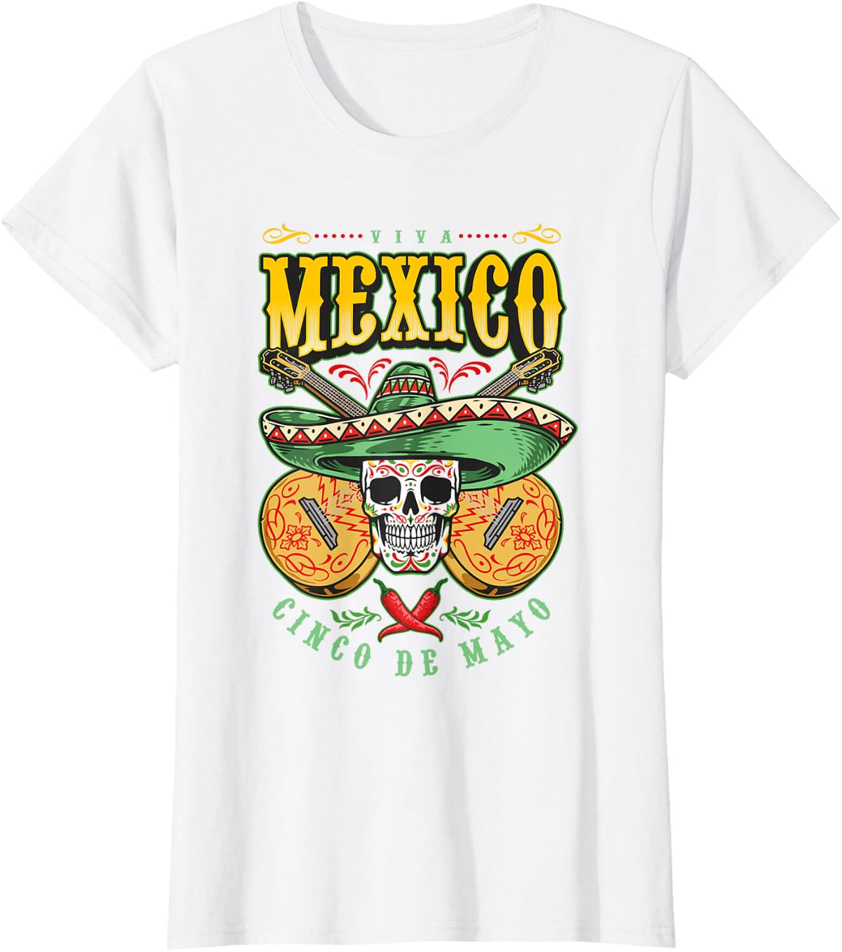 Happy 5 De Mayo Cinco de Mayo Viva Mexico Fiesta Sugar Skull T-Shirt Tee - White