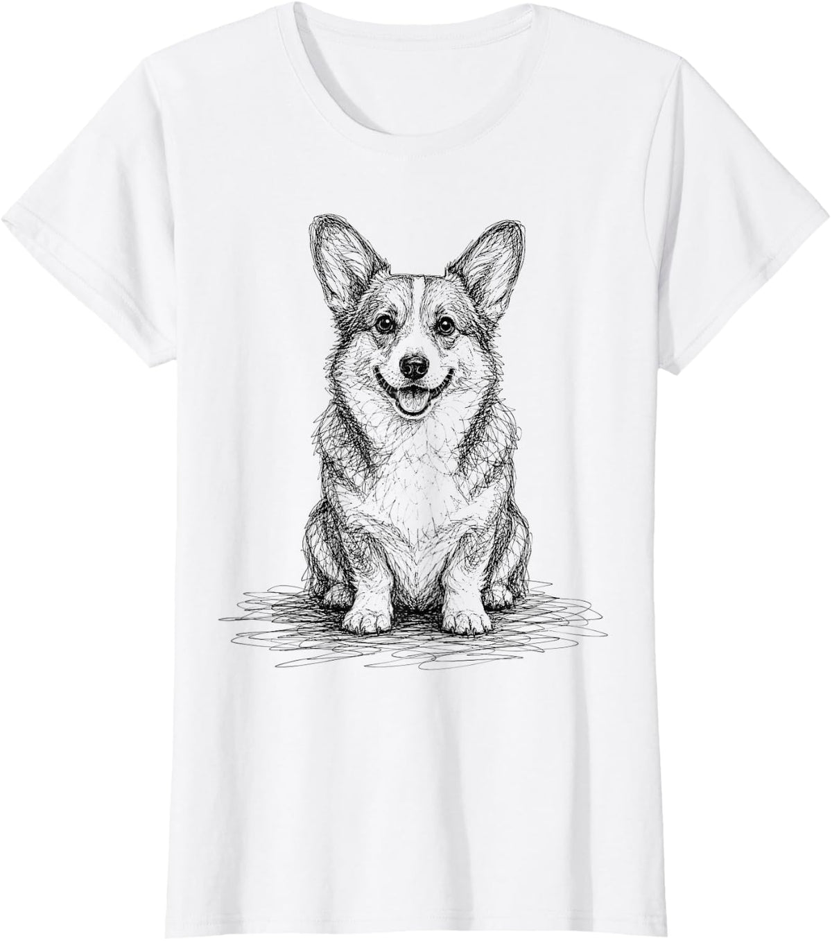 Scribble Line Art - Corgi Lover Sketch Graphic Artwork T-Shirt - White