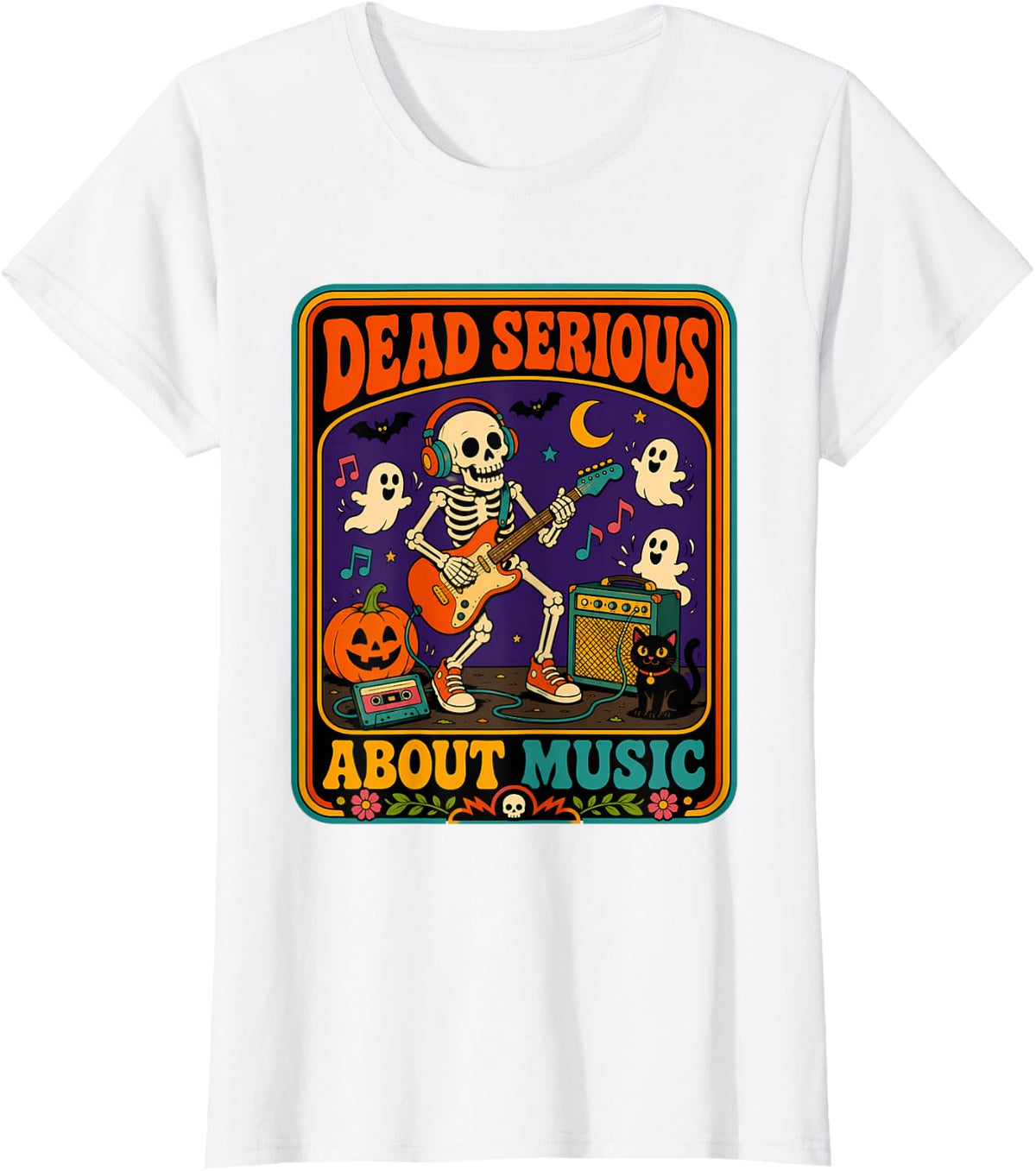 Halloween Skeleton Music Lover Guitar Pumpkin Ghost T-Shirt - White