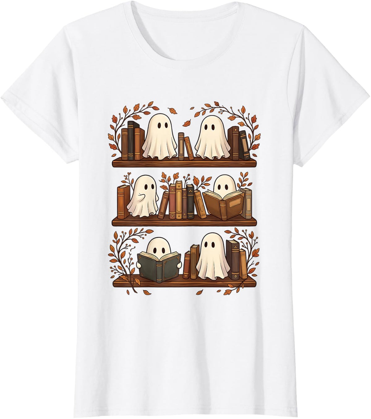 Halloween Ghost Reading Books Funny Spooky Bookish Lover T-Shirt - White