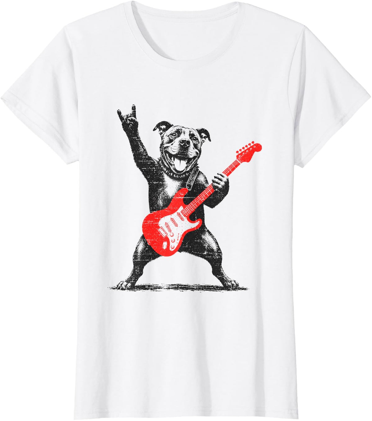 Funny Pitbull Rock Playing Guitar Music Lover Men Women T-Shirt - White