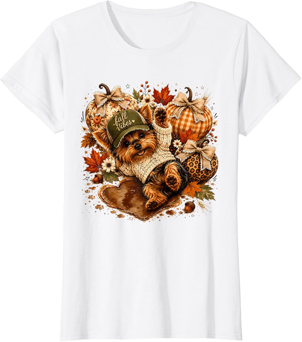 Retro Fall Yorkshire Terrier Autumn Dog Coquette Pumpkin T-Shirt - White
