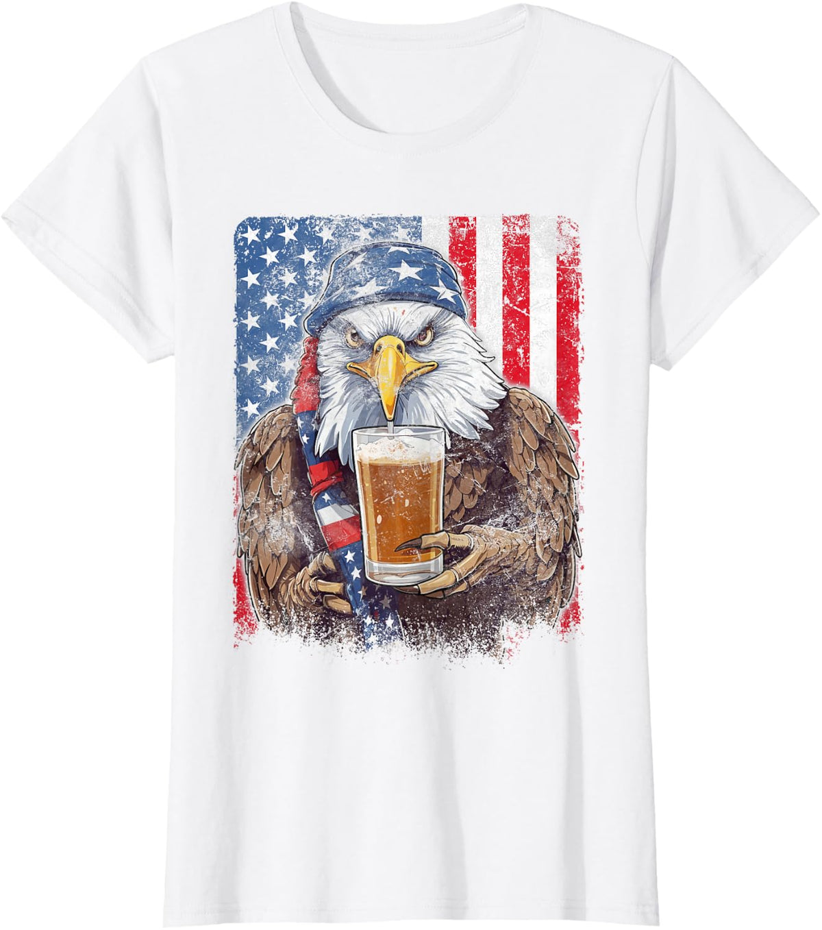 Eagle Beer Drinking USA Flag Patriotic Eagle 4th Of July T-Shirt - White