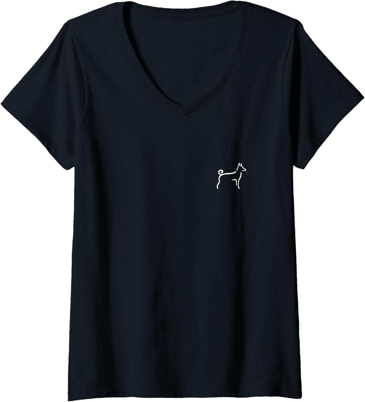 Women's Simple Minimalist Badge Patch Line Art Basenji V-Neck T-Shirt - Black