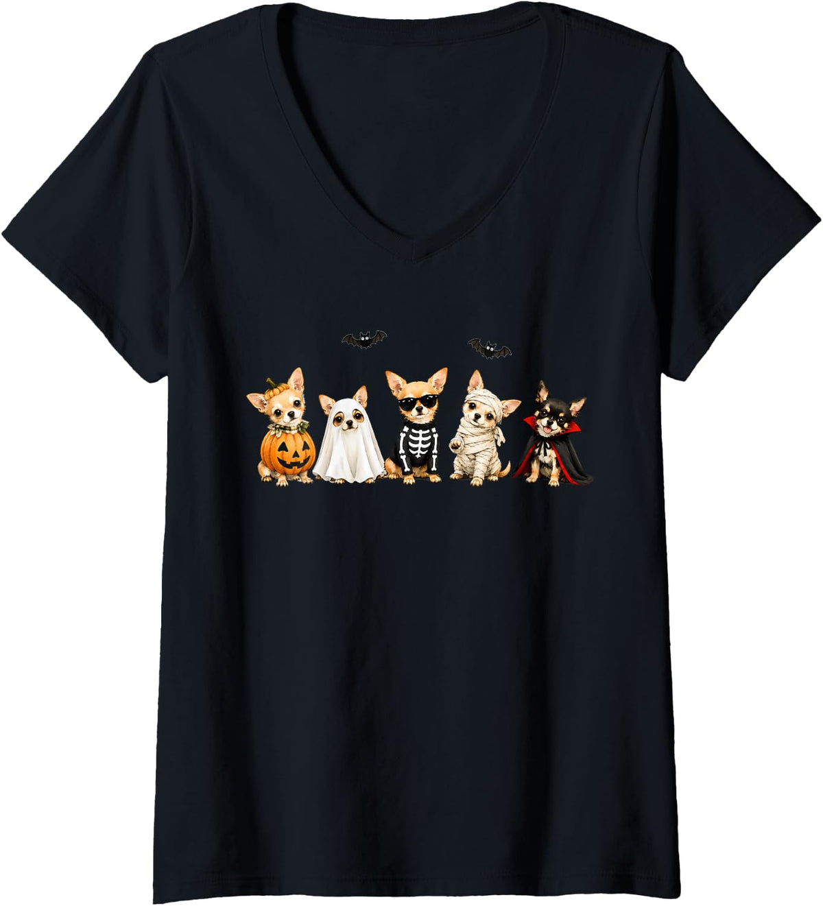 Women's Halloween Chihuahuas Squad Pumpkin Costume Dog Lovers V-Neck T-Shirt - Black