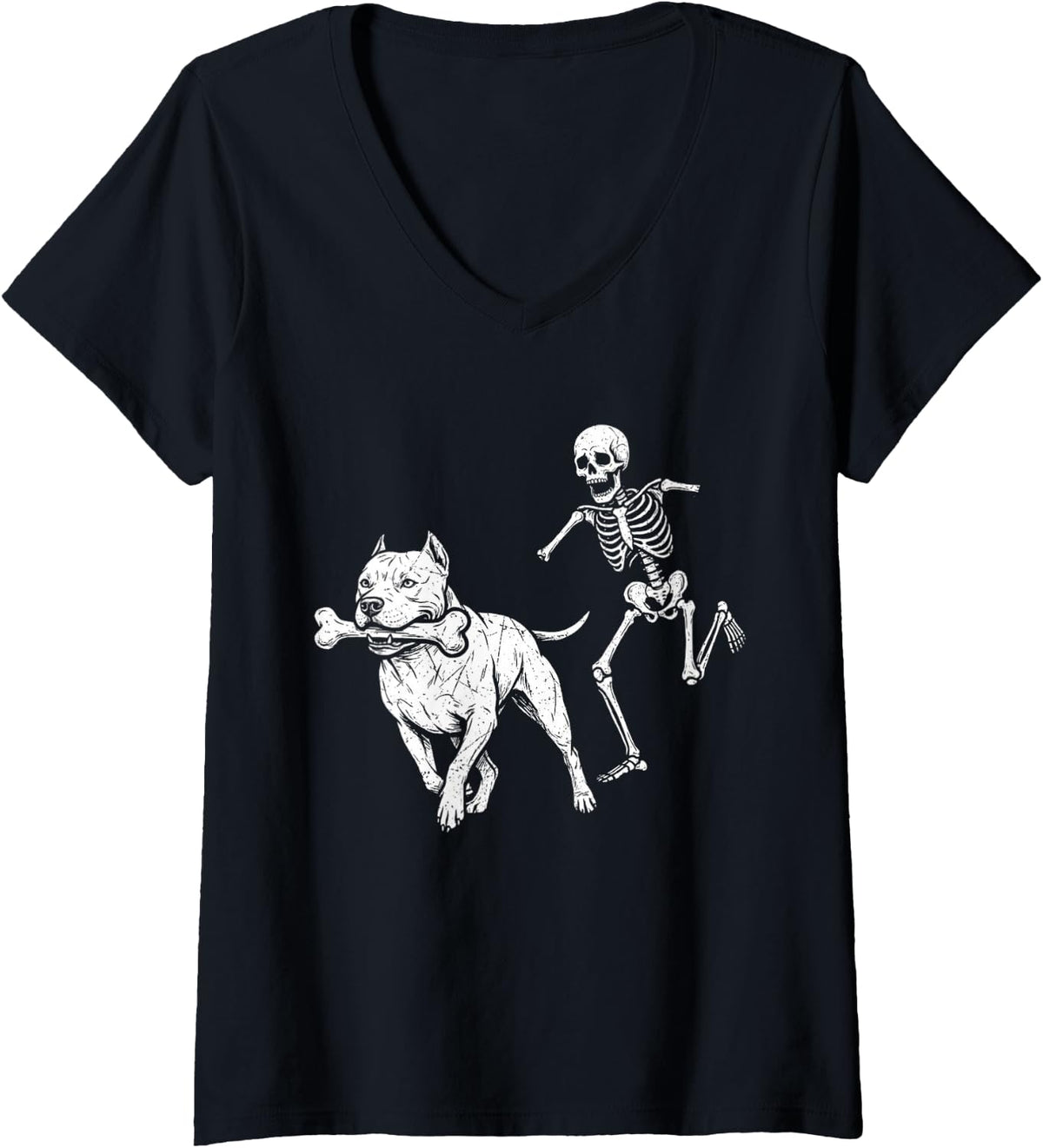 Women's Pitbull Stealing Bone from Skeleton Funny Halloween Dog V-Neck T-Shirt - Black