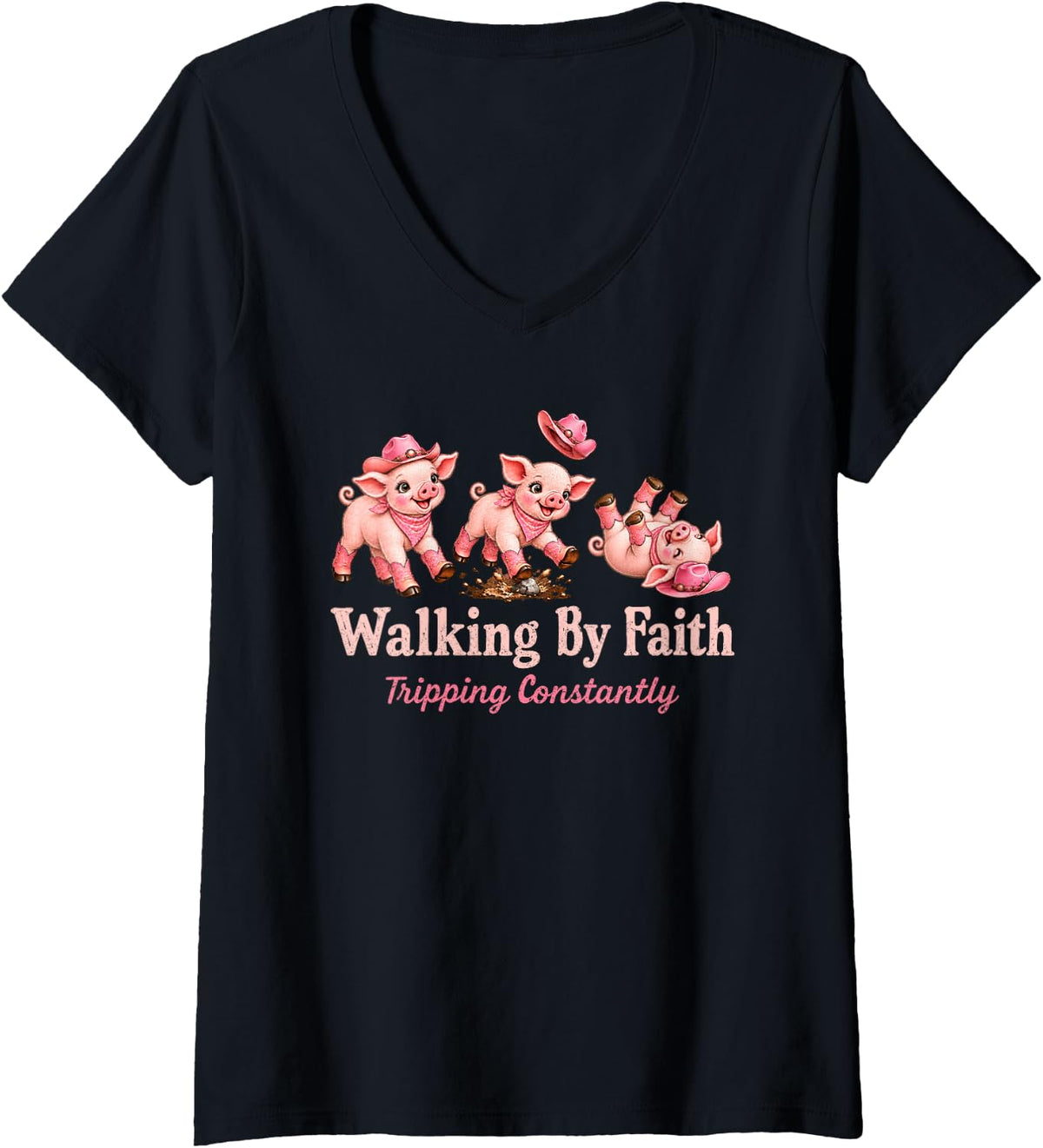 Women's Christian Pig Lover Walking By Faith Tripping Constantly V-Neck T-Shirt - Black