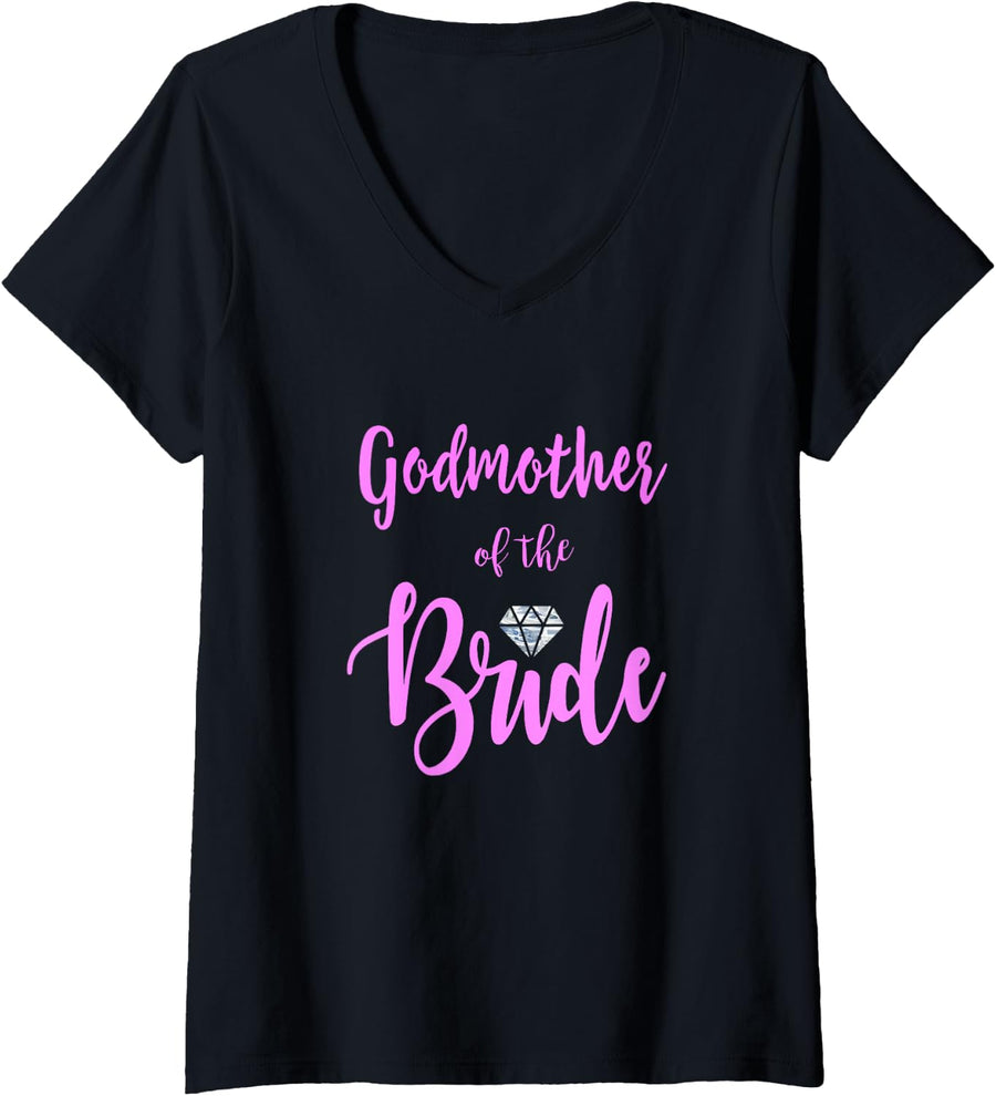 Women's Godmother of The Bride Bridal Party Wedding Rehearsal V-Neck T-Shirt - Black