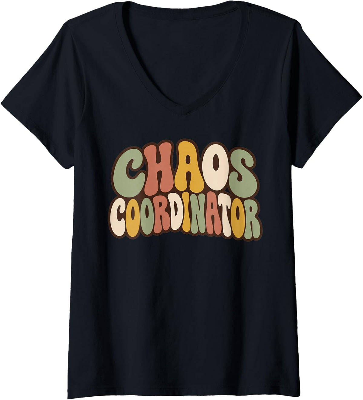 Women's Retro Chaos Coordinator Groovy Boho Typography V-Neck T-Shirt - Black