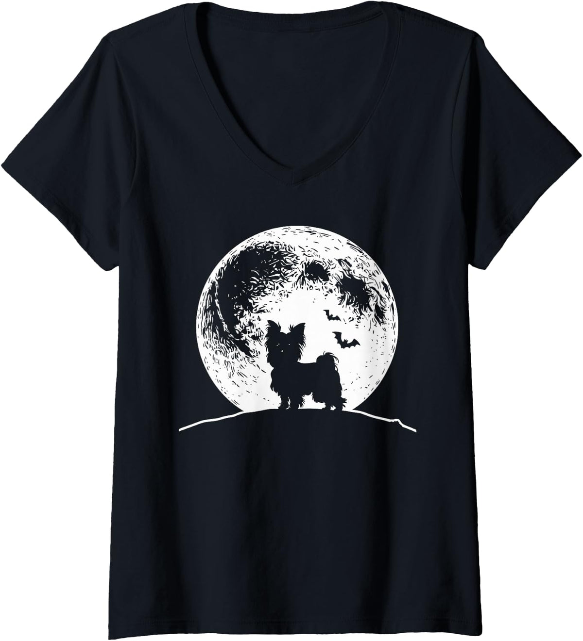 Women's Chihuahua Halloween Moon Bats V-Neck T-Shirt - Black