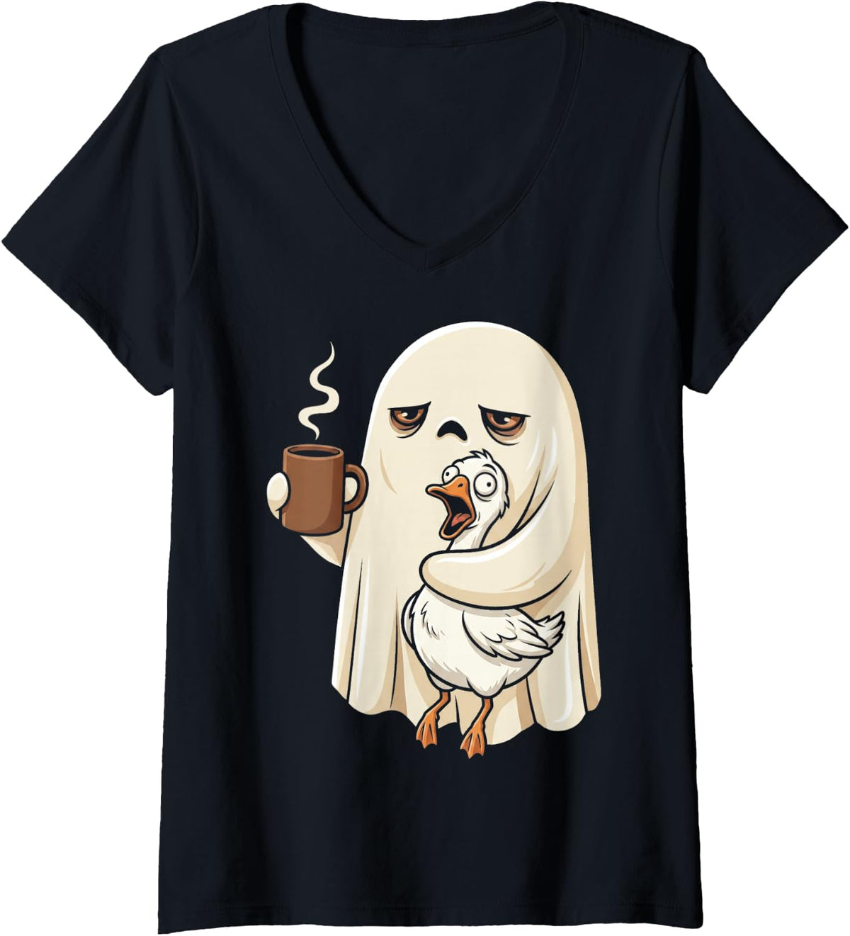 Women's Tired Ghost Hugging Goose Funny Coffee Lover Design V-Neck T-Shirt - Black