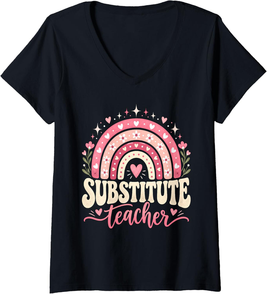 Women's Substitute Teacher Pink Rainbow Retro Flowers V-Neck T-Shirt - Black