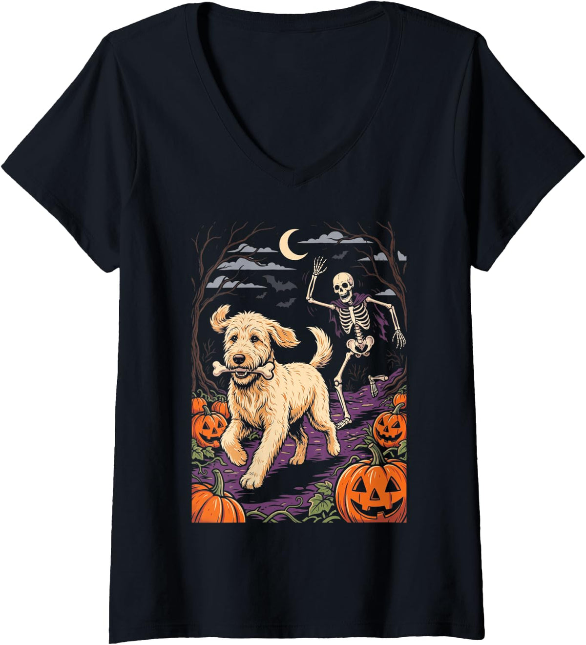 Women's Goldendoodle Dog Stealing Bone from Skeleton Halloween V-Neck T-Shirt - Black