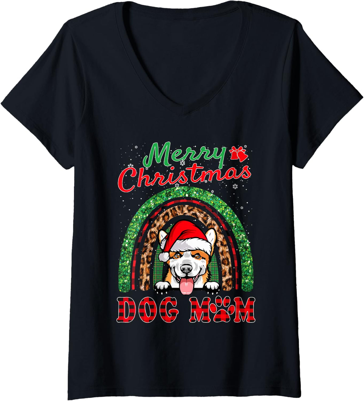 Women's Corgi Christmas Santa Hat Dog Mom Boho Rainbow Xmas V-Neck T-Shirt - Black
