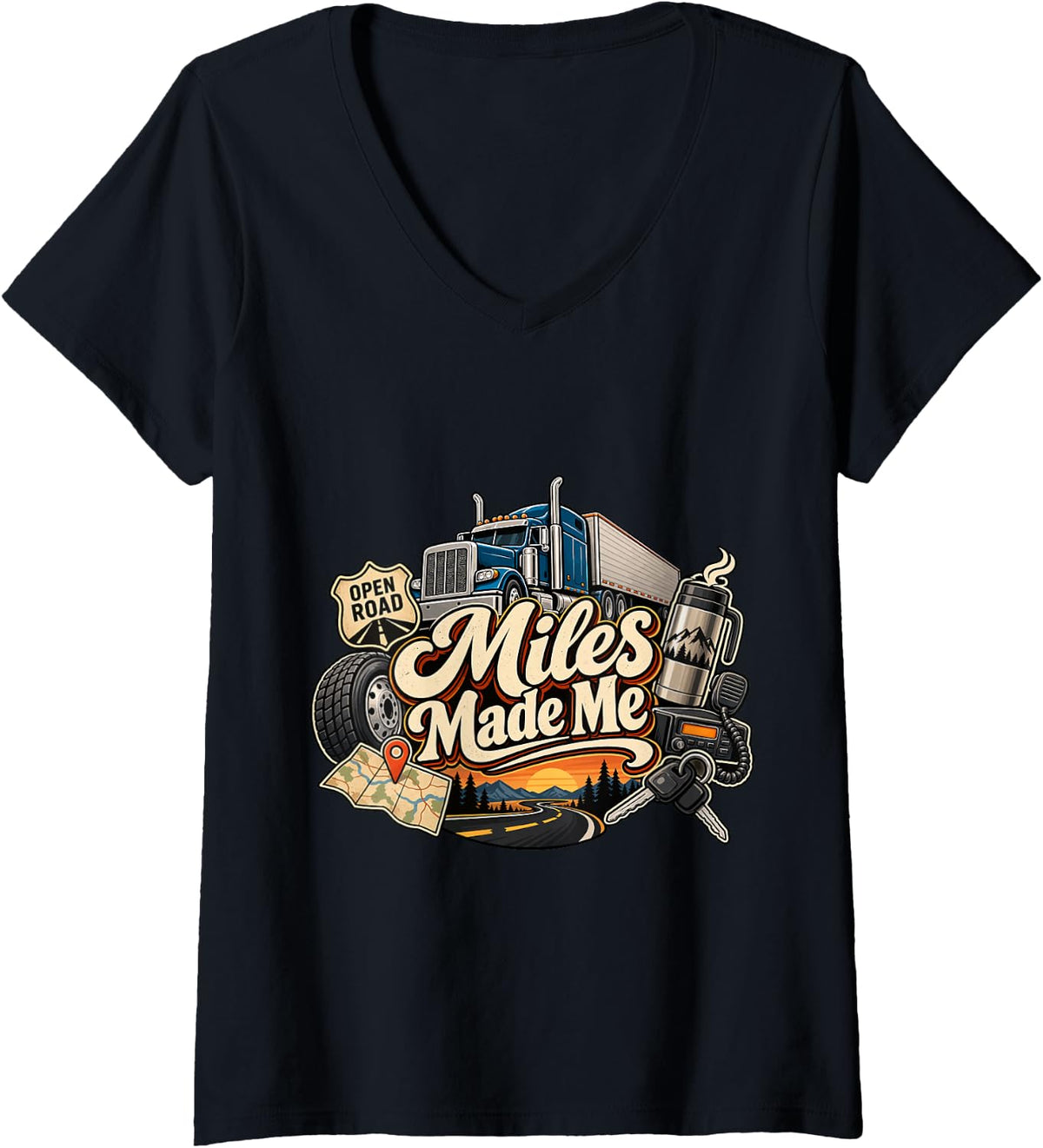 Women's Truck Driver - Miles Made Me V-Neck T-Shirt - Black