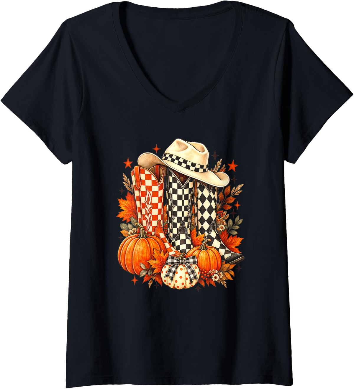 Women's Western Fall Cowboy Boots Pumpkins Cowgirl Autumn Design V-Neck T-Shirt - Black