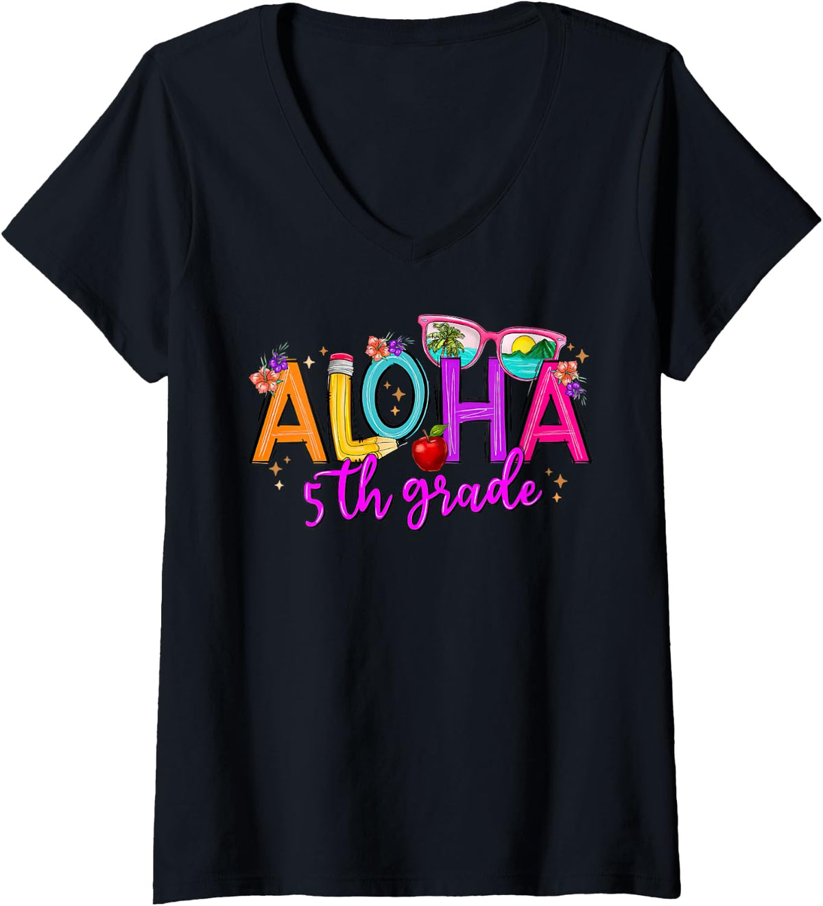 Women's Aloha 5th Grade Teacher Beach Summer Vacation School Hawaii V-Neck T-Shirt - Black
