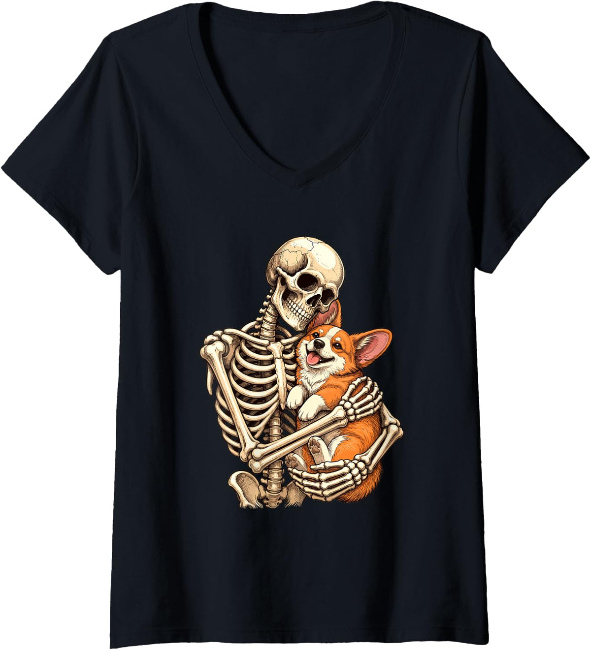 Women's Skeleton Hugging Corgi - Welsh Corgi Dog Lover Corgi Dad V-Neck T-Shirt - Black